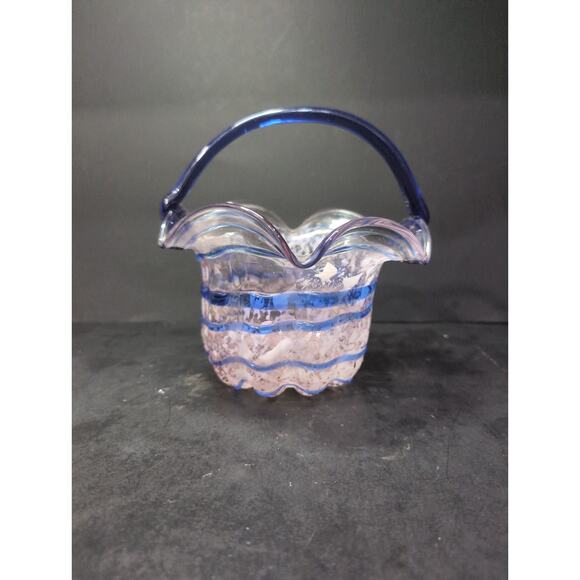 Hand Blown Art Glass Basket w/ Cobalt Blue Spiral White Opalescent Splatter Wavy - Picture 1 of 10